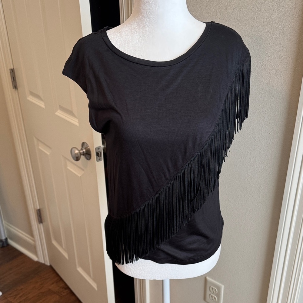 Anthropologie Black Fringe Short Sleeve Top